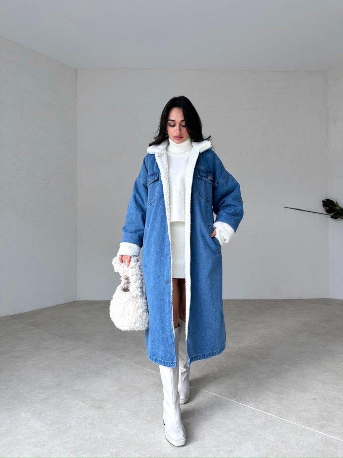 Denim Yıkamalı İçi Peluş Cepli Uzun Kot Mont