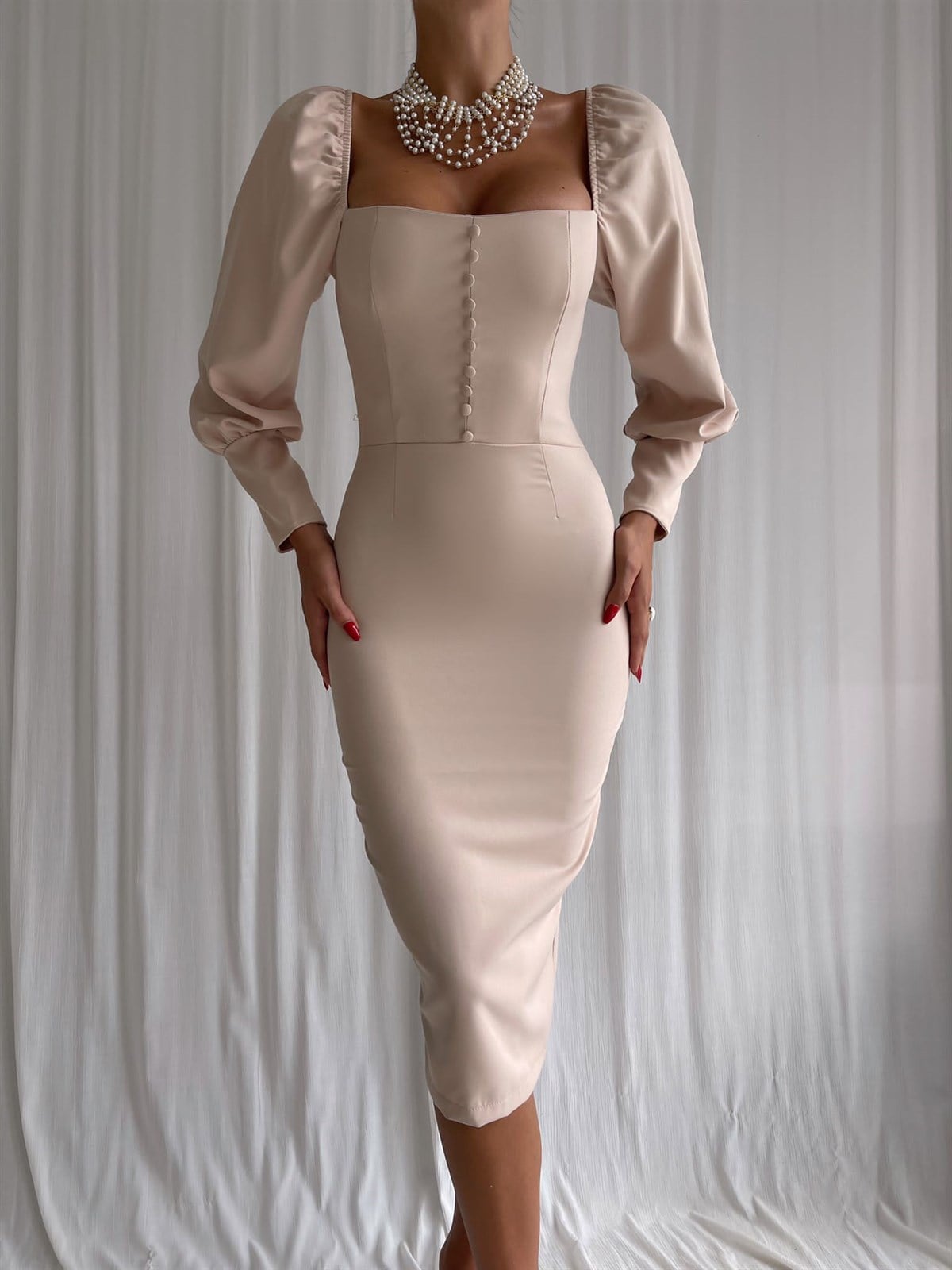 Düğme Detay Kalem Elbise - NUDE
