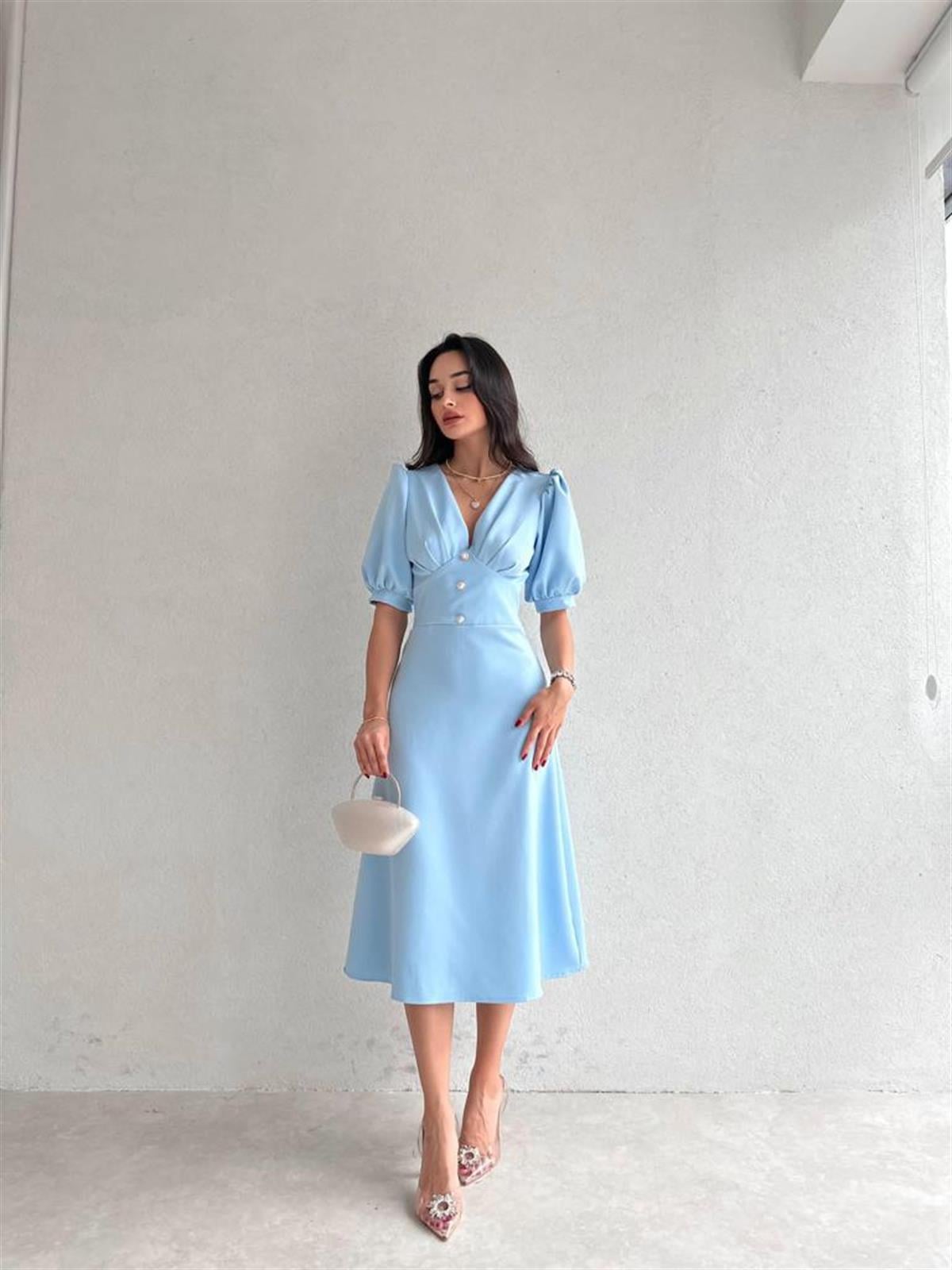 Düğme Detay Yarım Kol V Yaka Midi Boy Elbise - BEBE MAVİ