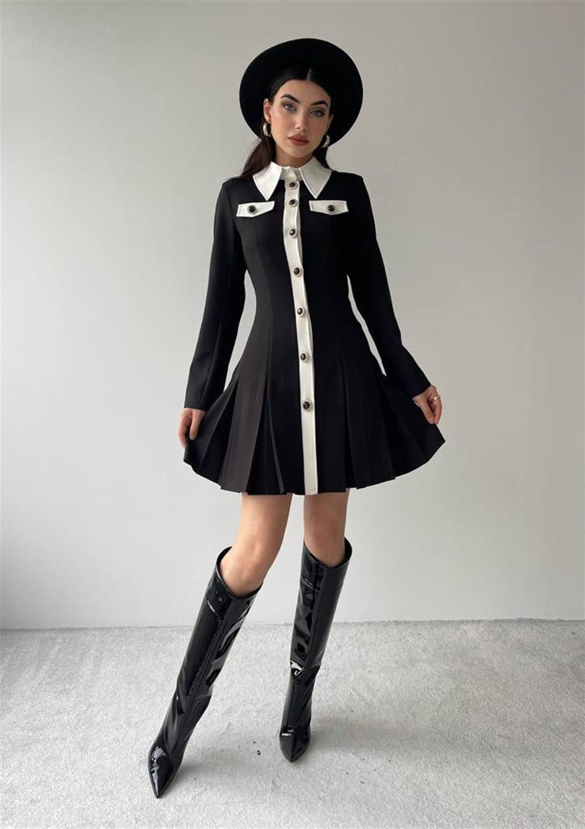 Eteği Volanlı Gömlek Yaka Düğmeli Kiloş Elbise - SİYAH