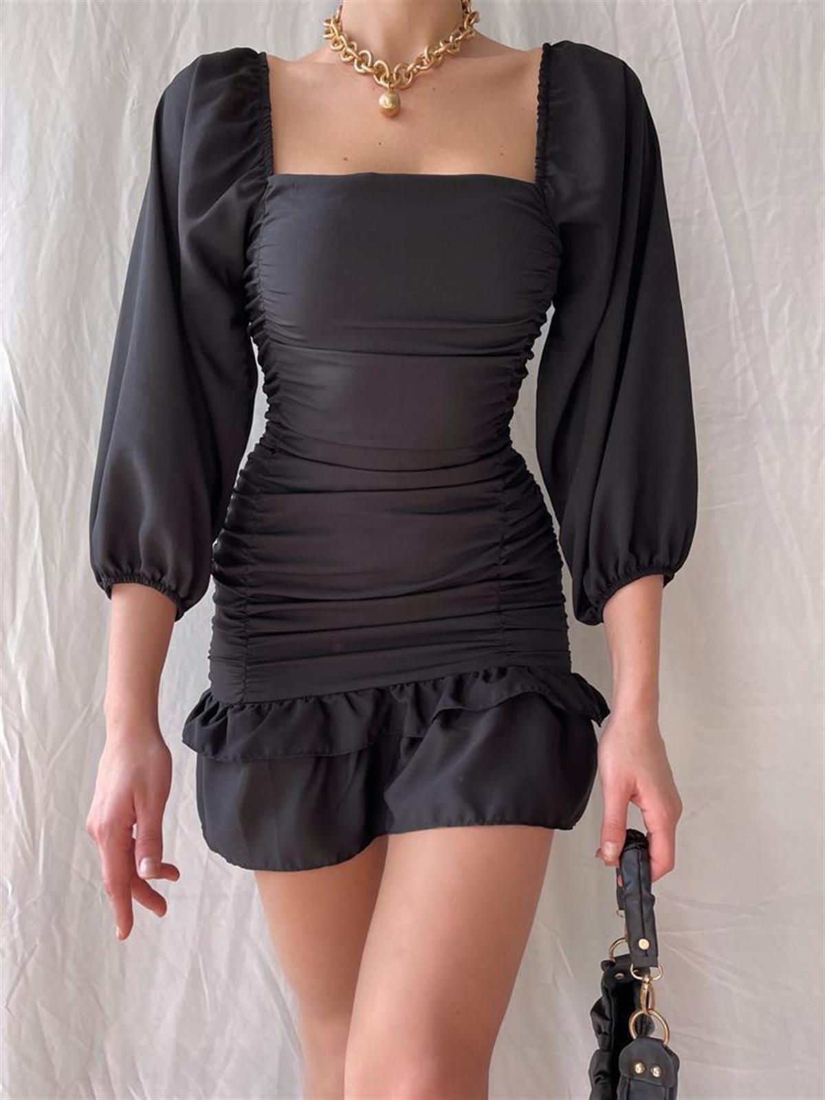 Etek Fırfırlı Uzun Kol Drapeli Elbise - SİYAH