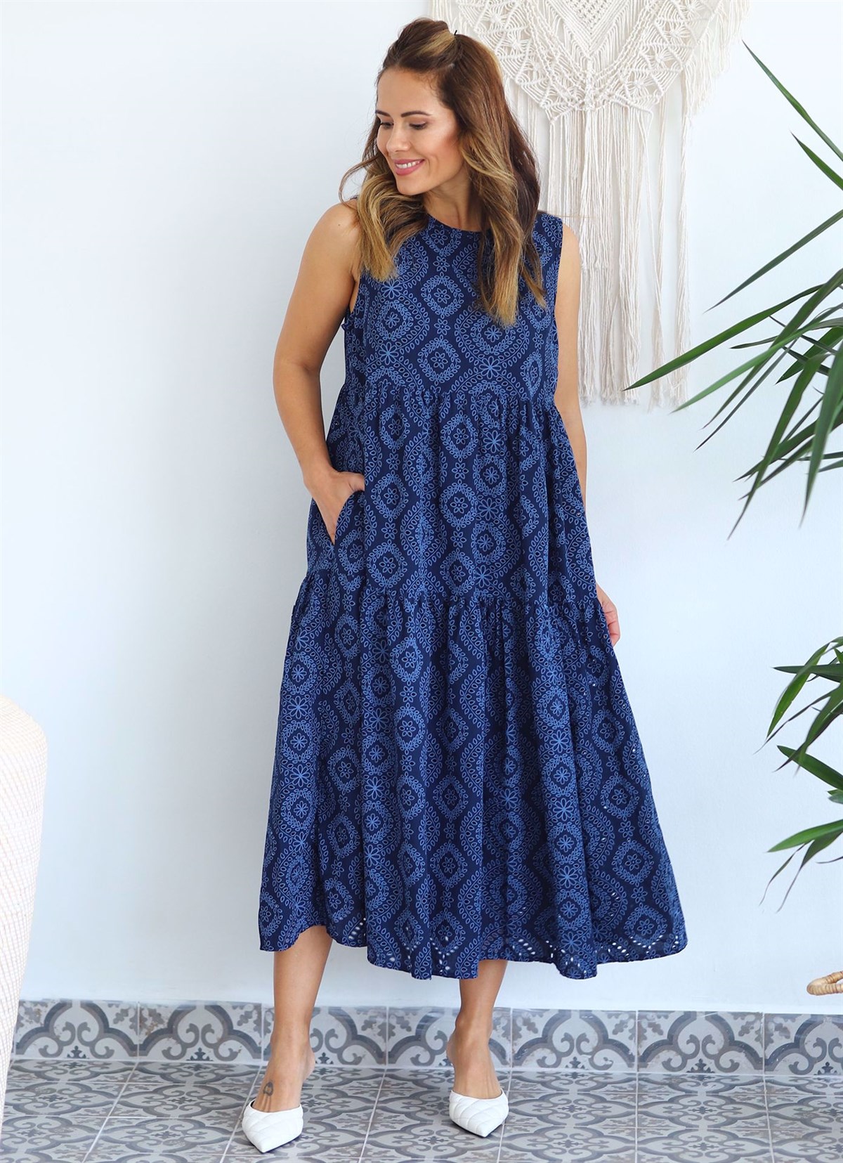 Fisto Kumaş İç Astarlı Midi Boy Elbise - LACİVERT