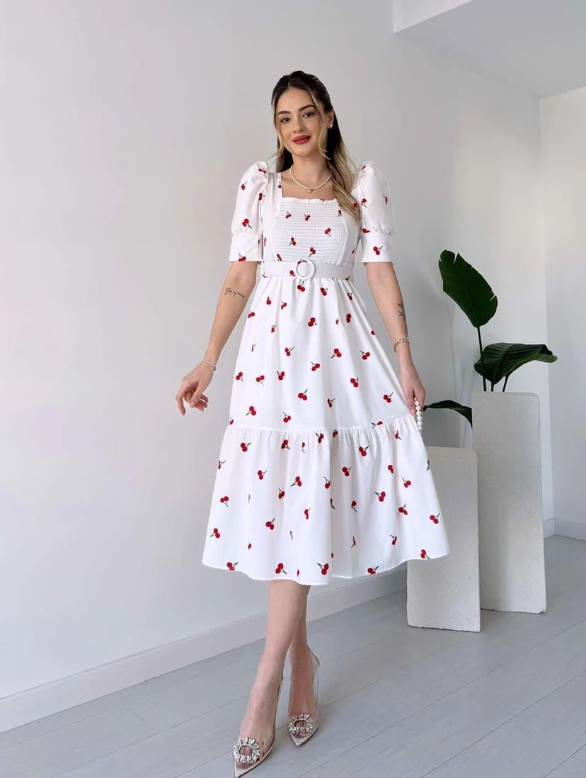 Göğüs Gipeli Balon Kol Kiraz Desenli Kare Yaka Kemerli Midi Boy Elbise