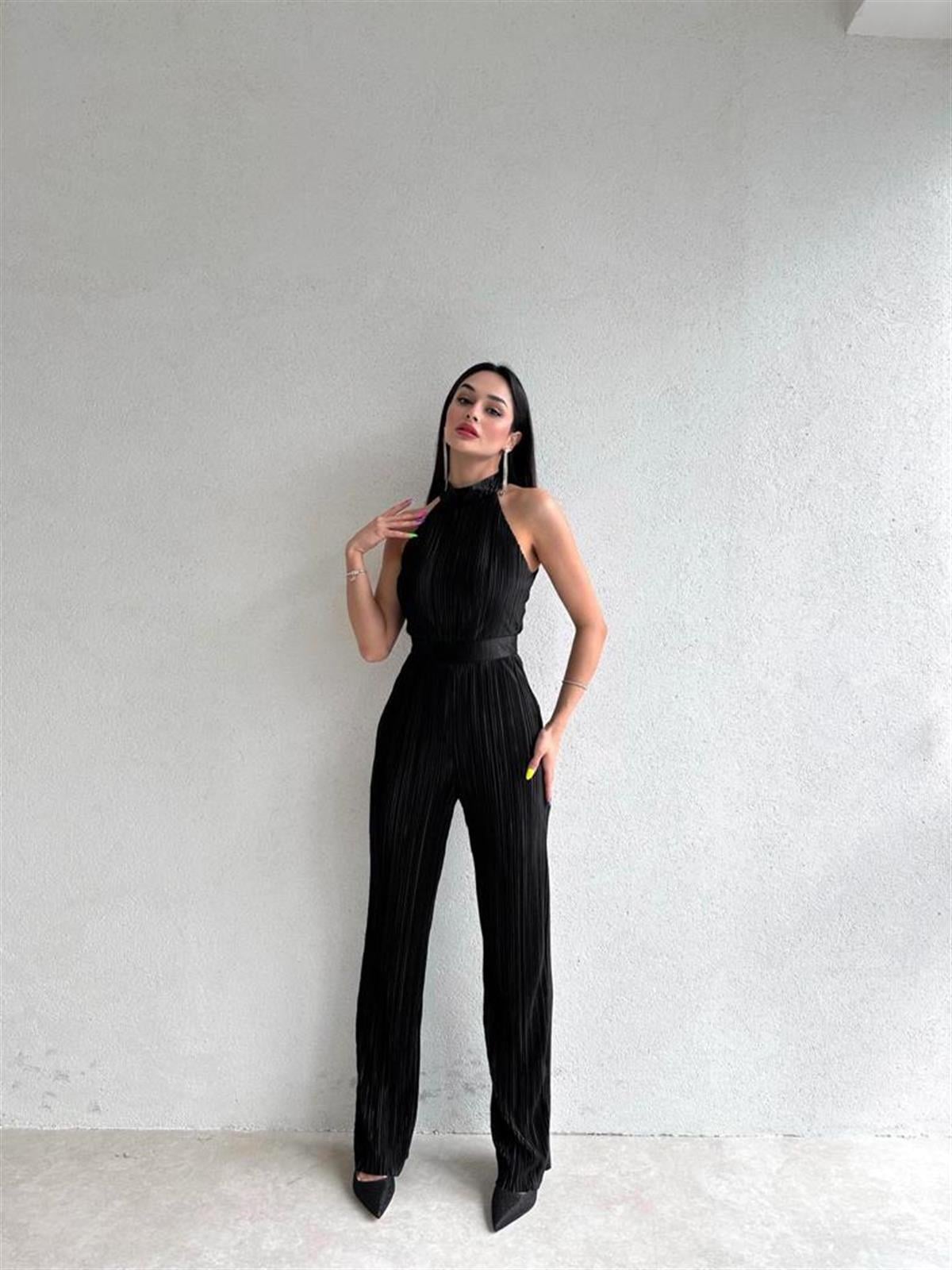 Halter Yaka Pileli Tulum - SİYAH