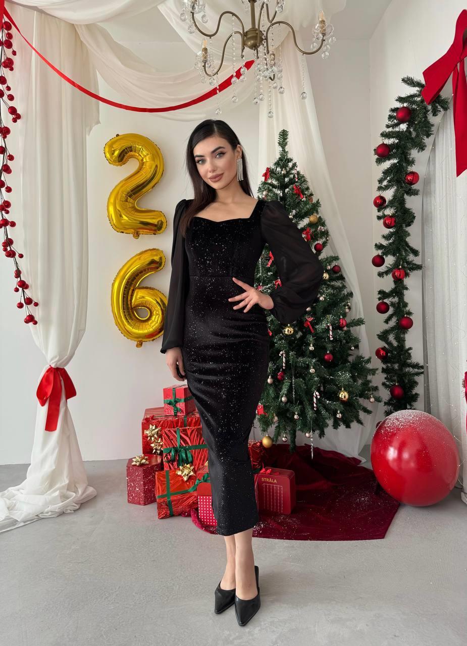 Işıltılı İşleme Detay Kadife Kadın Elbise - SİYAH