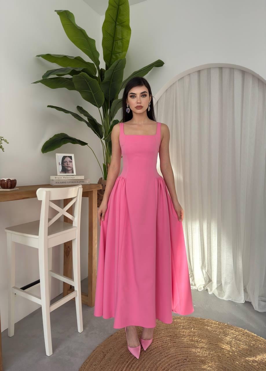 Kare Yaka Kalın Askılı Uzun Elbise - PEMBE