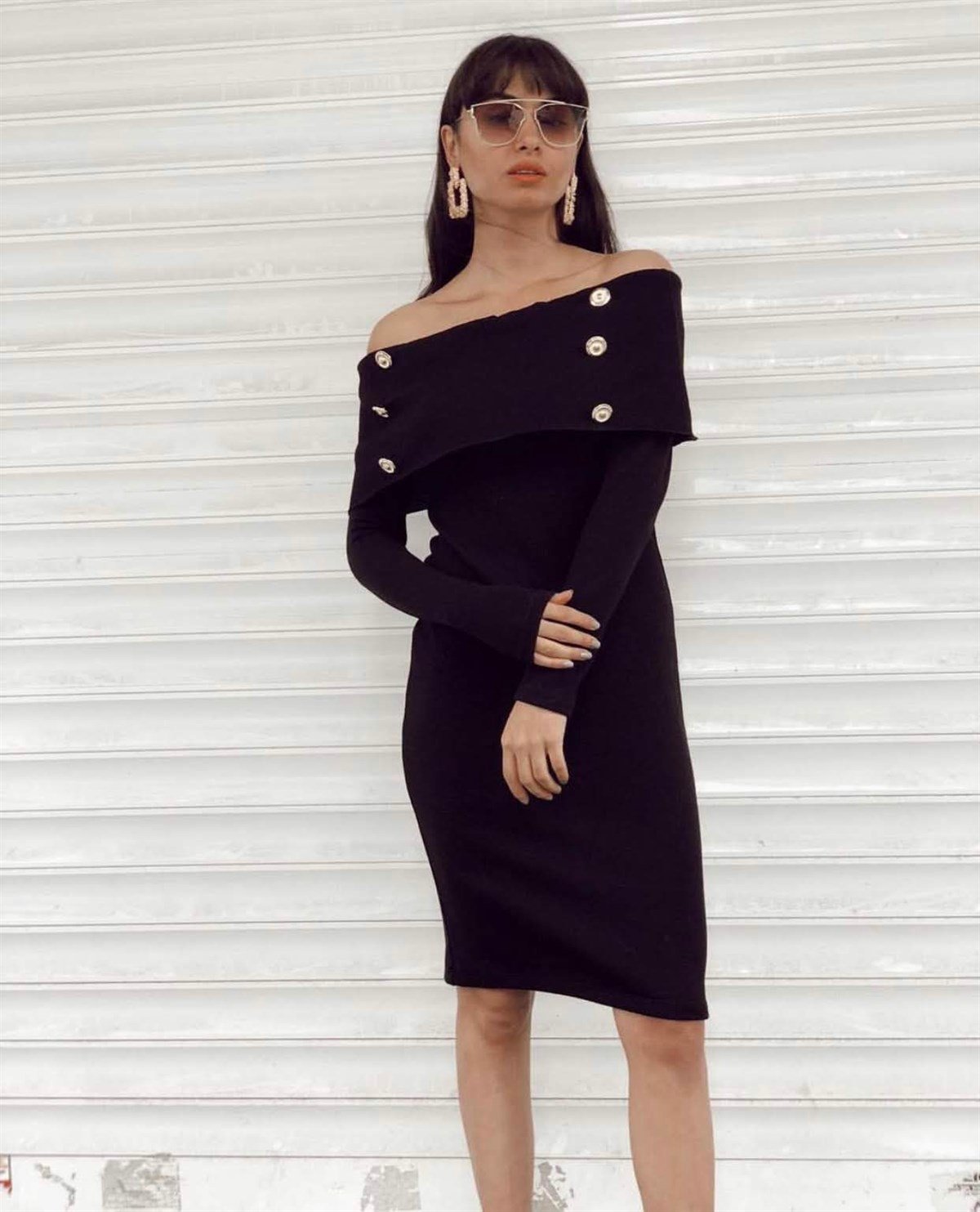 Madonna Yaka Düğme Detay Triko Kalem Elbise - Siyah