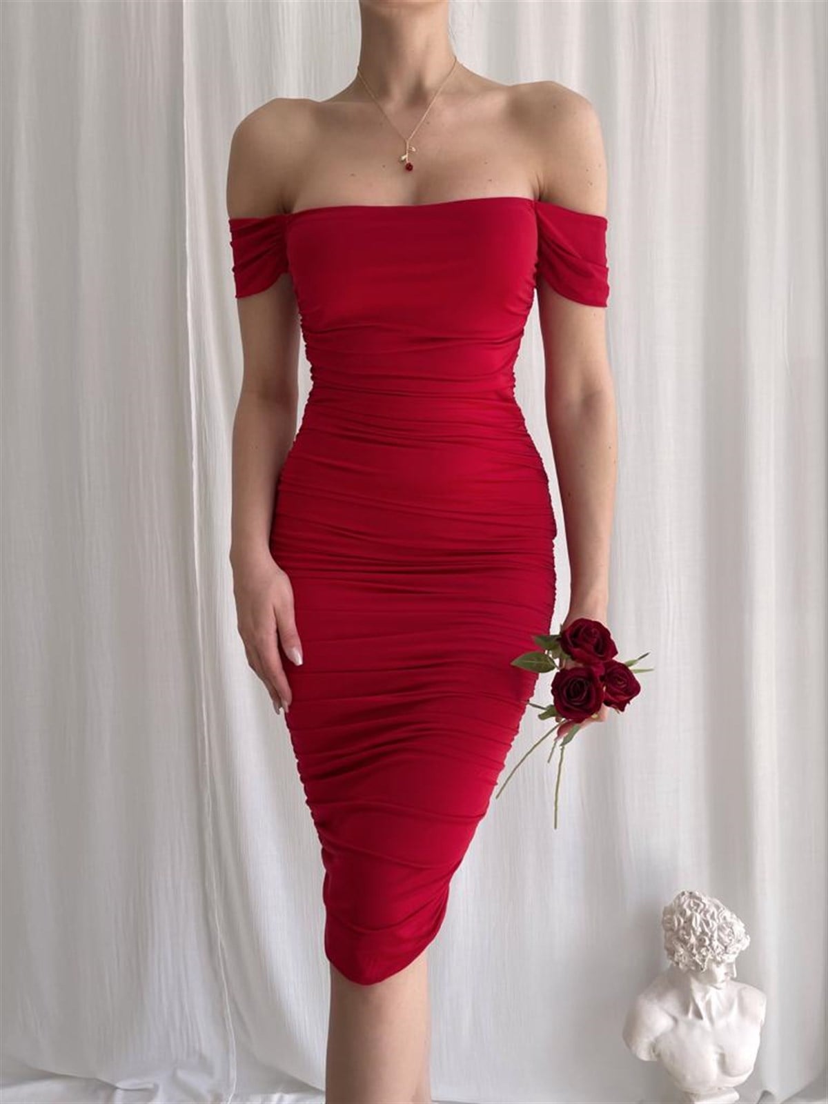 Omuz Drape Detaylı Midiboy Elbise - KIRMIZI