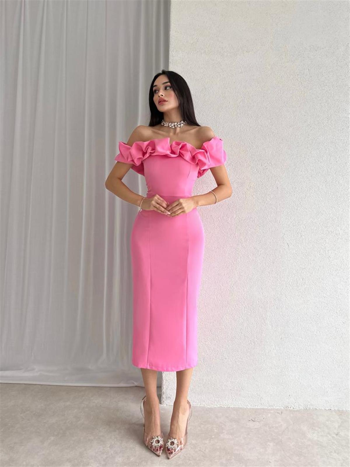 Omuz Fırfırlı Yırtmaç Detay Kalem Elbise - PEMBE