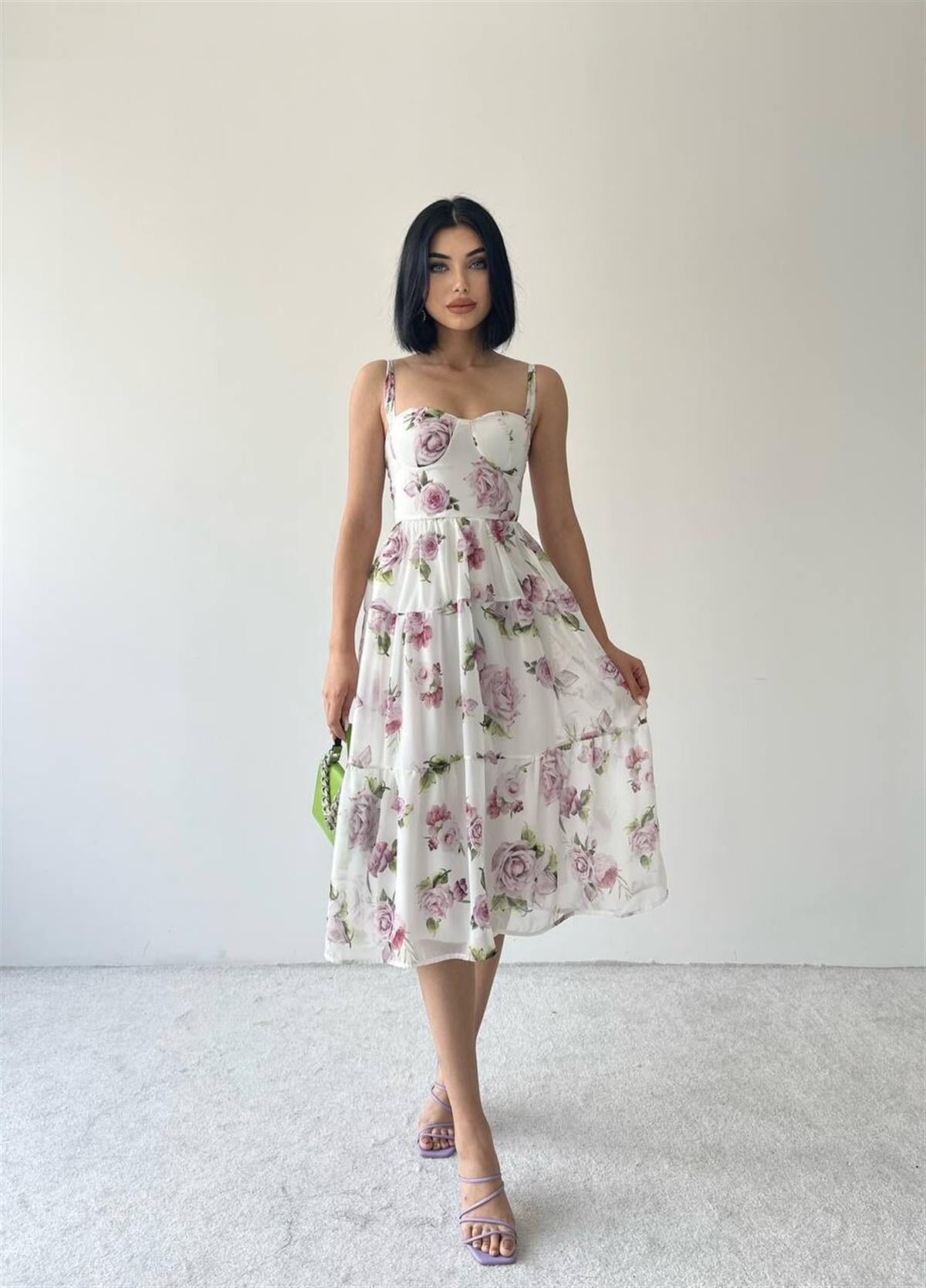 Omuzdan Bağlamalı Gloplu Midi Boy Çiçek Desenli Şifon Elbise