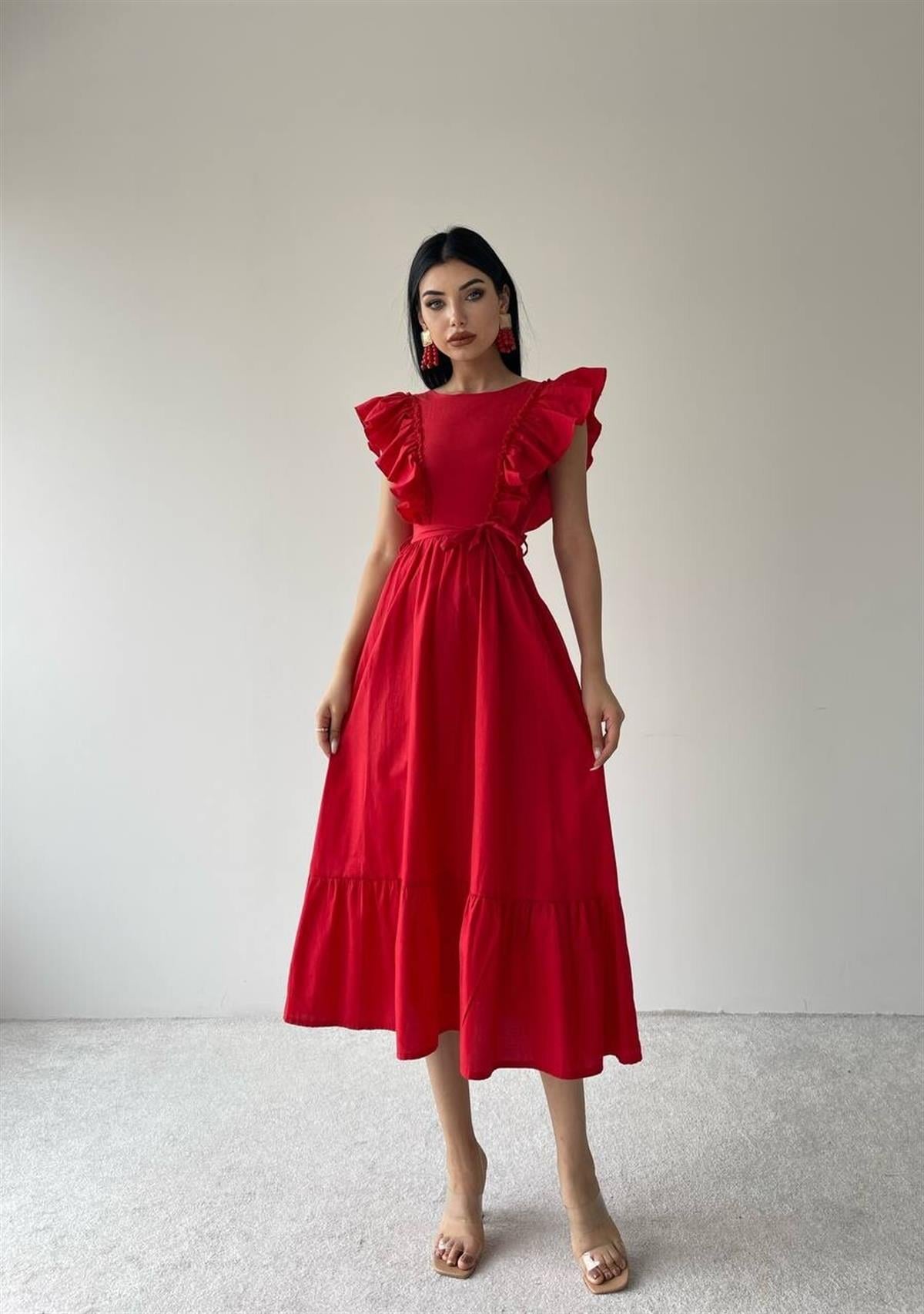 Omuzları Fırfır Kemerli Midi Boy Elbise - KIRMIZI
