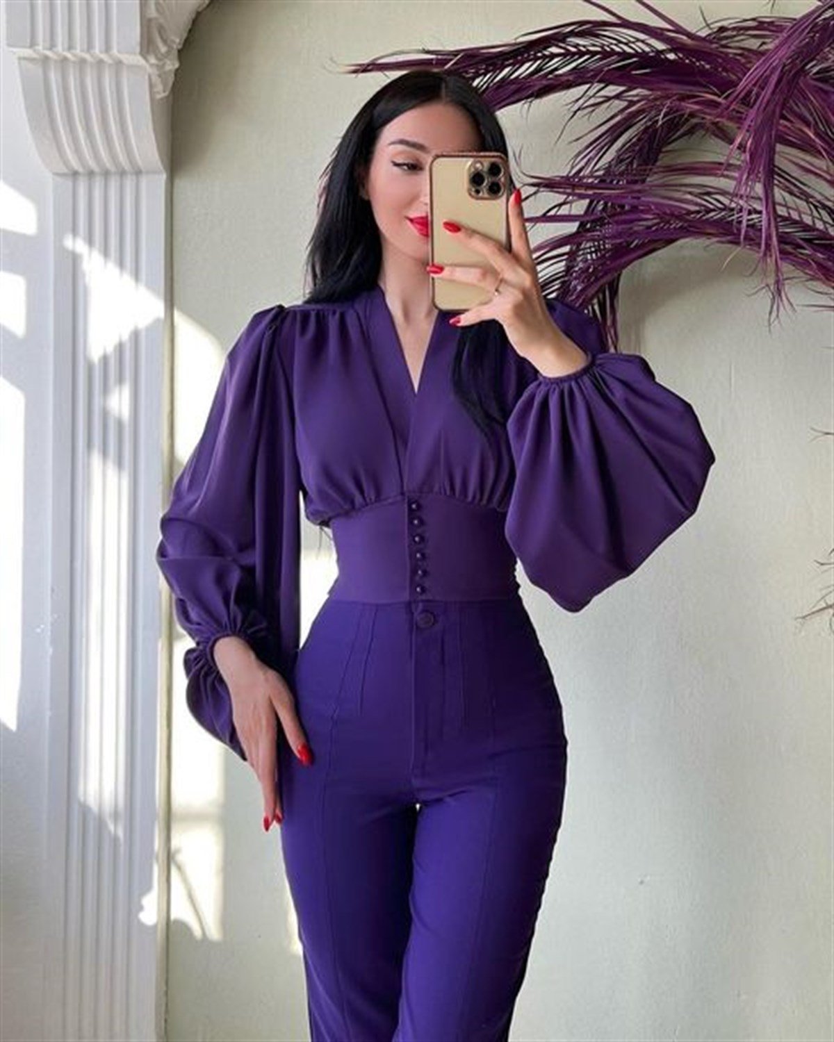 Önden Düğmeli Balon Kol V Yaka Crop Bluz - MOR