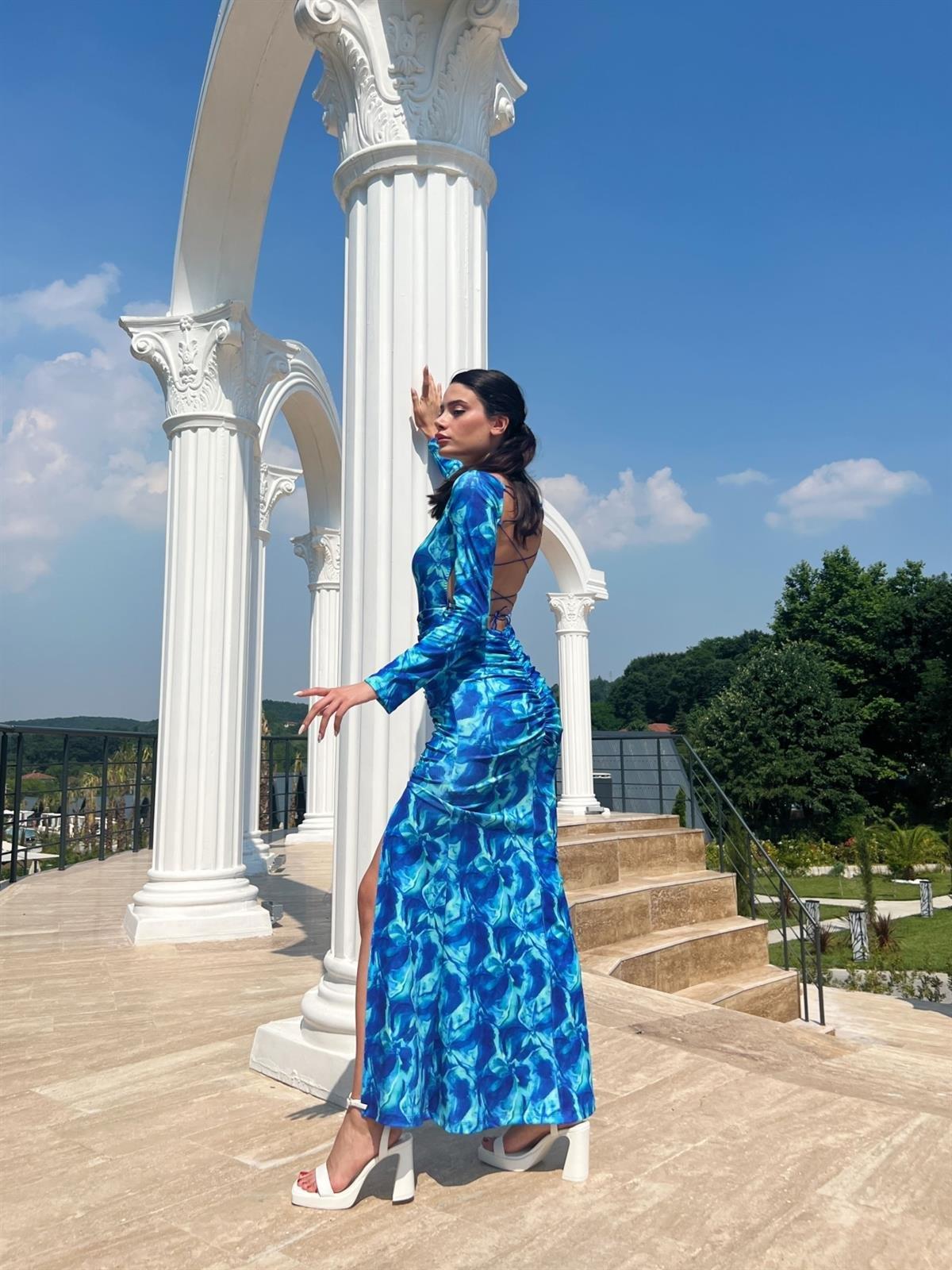 Sırt Dekolteli Yırtmaç Detay Elbise Abiye - MAVİ