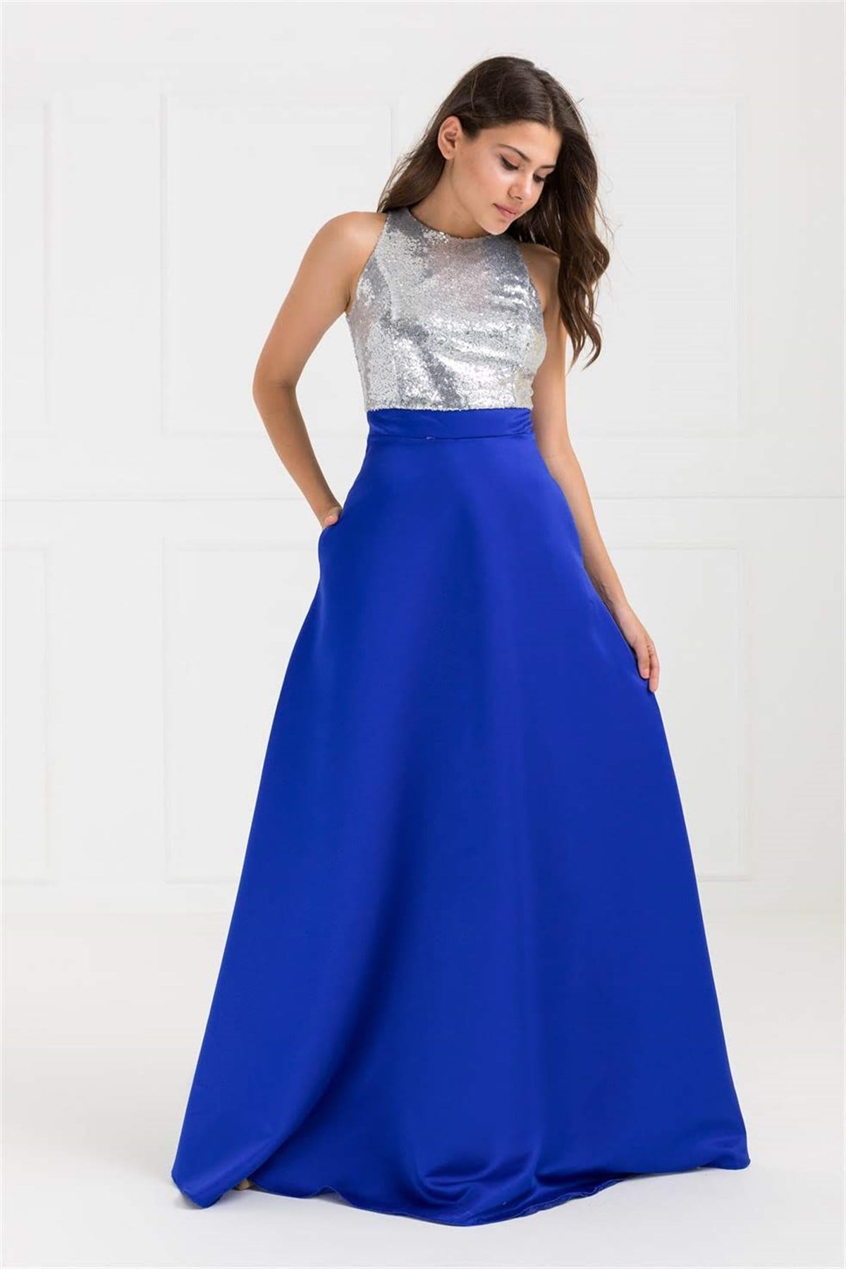 Üst Pul Payet İşleme Alt Saten Abiye Elbise - SAKS MAVİ