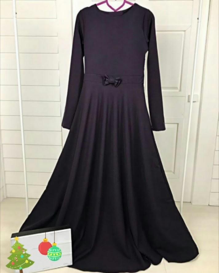 Uzun Kollu Bisiklet Yaka Beli Kurdele Detaylı Maxi Boy Tesettüre Uygun Elbise - SİYAH