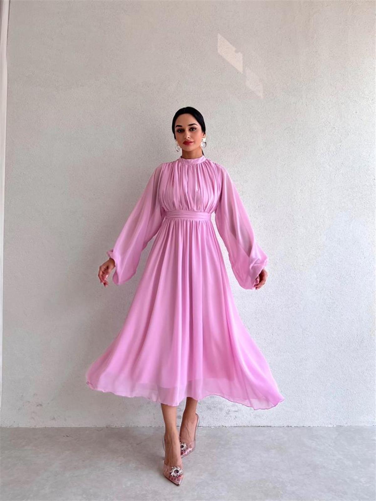 Uzun Kollu Şifon Kumaş Midi Boy Elbise - PEMBE 