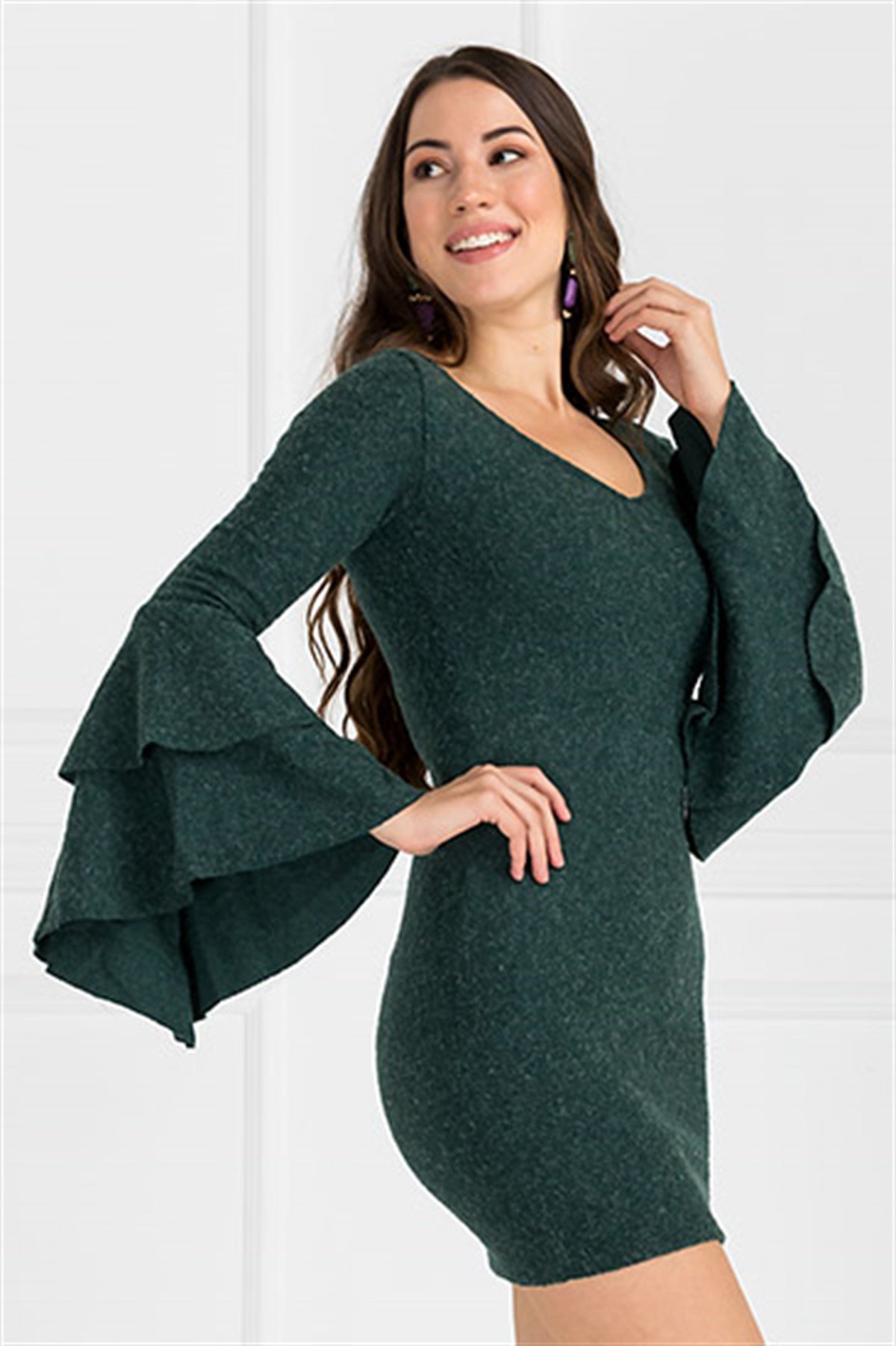 V YAKA KOL KAT KAT PAMUKLU ELBİSE-YEŞİL