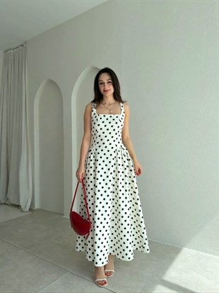 Askılı Puantiyeli Maxi Elbise - EKRU