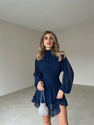Boğazlı Etek Ucu Fırfırlı Uzun Tül Kol Şifon Kadın Elbise - LACİVERT