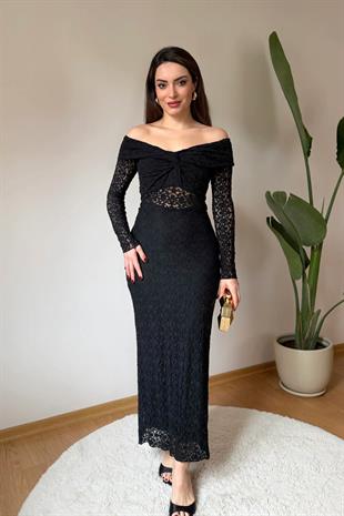 Düğümlü Dekolte Bel Detaylı Dantel Uzun Abiye Elbise – Siyah