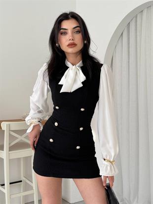 İnci Düğme Detaylı Gömlek Yaka Mini Kadın Elbise – Siyah