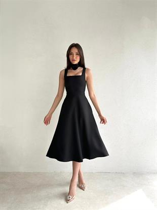 Kalın Askı Detay Kadın Midi Elbise - SİYAH
