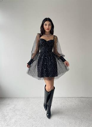 Kalp Yaka Uzun Tül Kol Yıldız İşleme Mini Kiloş Elbise - SİYAH