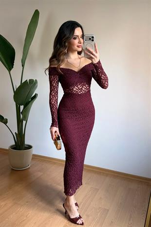 Kayık Yaka Dantel Uzun Abiye Elbise – Bordo
