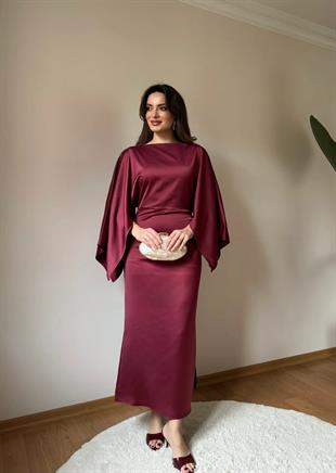 Kayık Yaka Detaylı Yarasa Kol Midi Elbise – Bordo