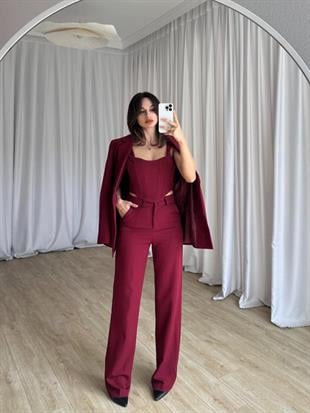Korse Bluz Pantolon Ceket Üçlü Takım - BORDO