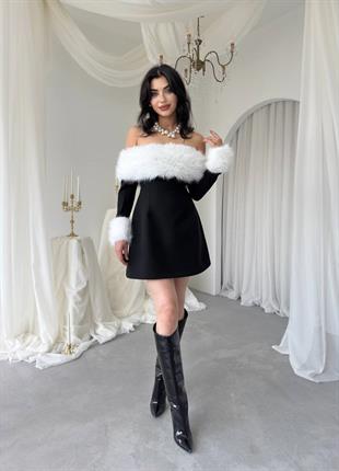 Kürklü Detay Straplez Mini Kadın Elbise – Siyah