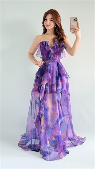 Maxi Boy Şifon Kumaş Kat Kat Volan Detaylı Abiye Elbise – Mor