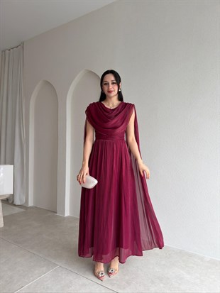 Pelerin Detaylı Şifon Abiye Elbise – Bordo