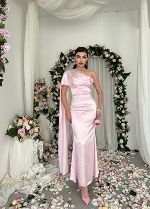 Uzun Kollu Drape Detaylı Çiçek Desenli Saten Maxi Elbise - PEMBE