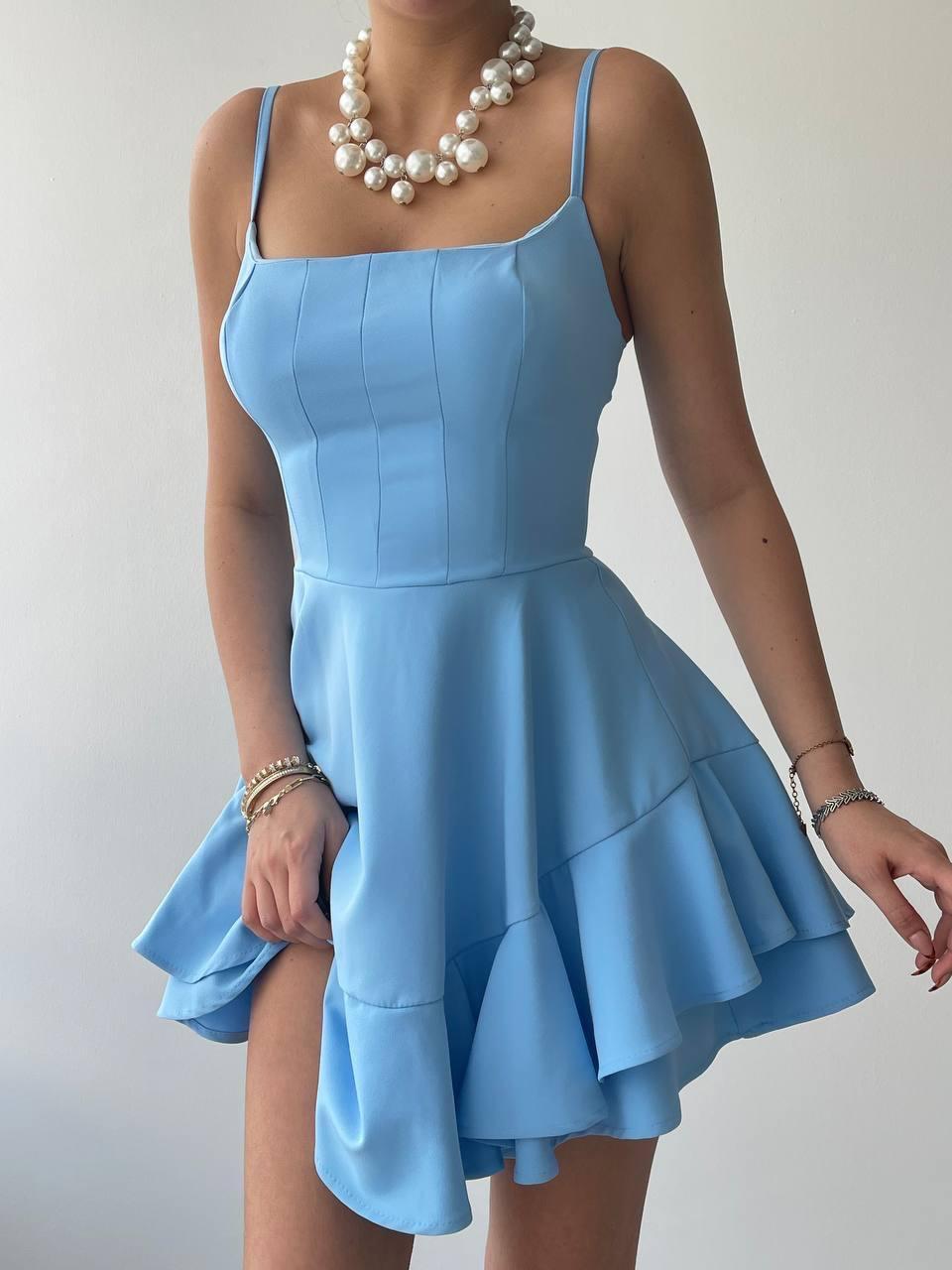 Askılı Etek Kat Kat Prenses Elbise - CAM GÖBEĞİ MAVİ