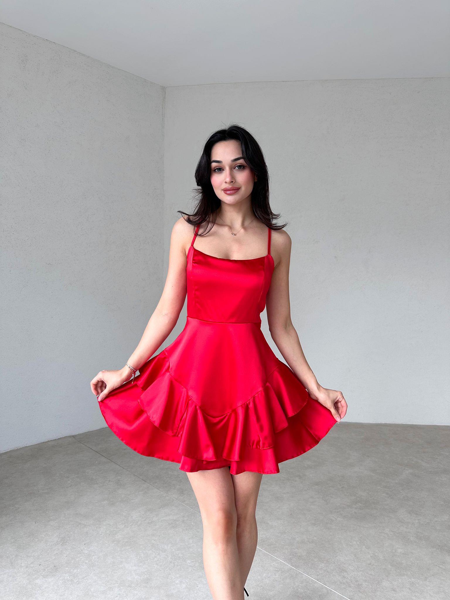 Askılı Etek Kat Kat Saten Prenses Elbise - KIRMIZI