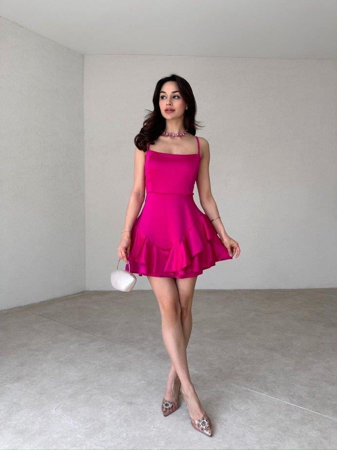 Askılı Etek Kat Kat Saten Prenses Elbise - FUŞYA