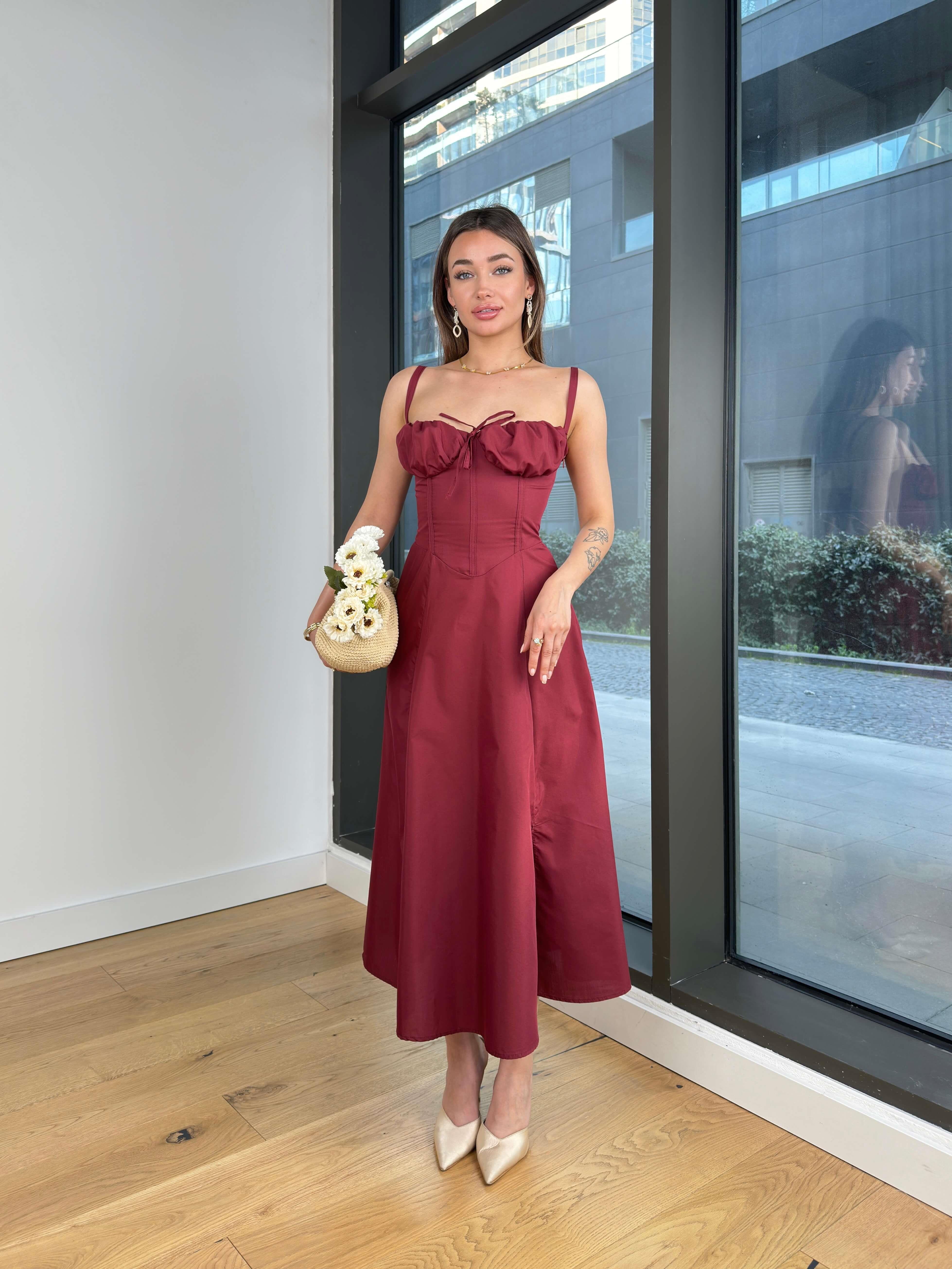 Askılı Göğüs Kısmı Drapeli Ve Bağlama Detaylı Arkası Biyeli Çapraz Pinterest Midi Boy Elbise - BORDO