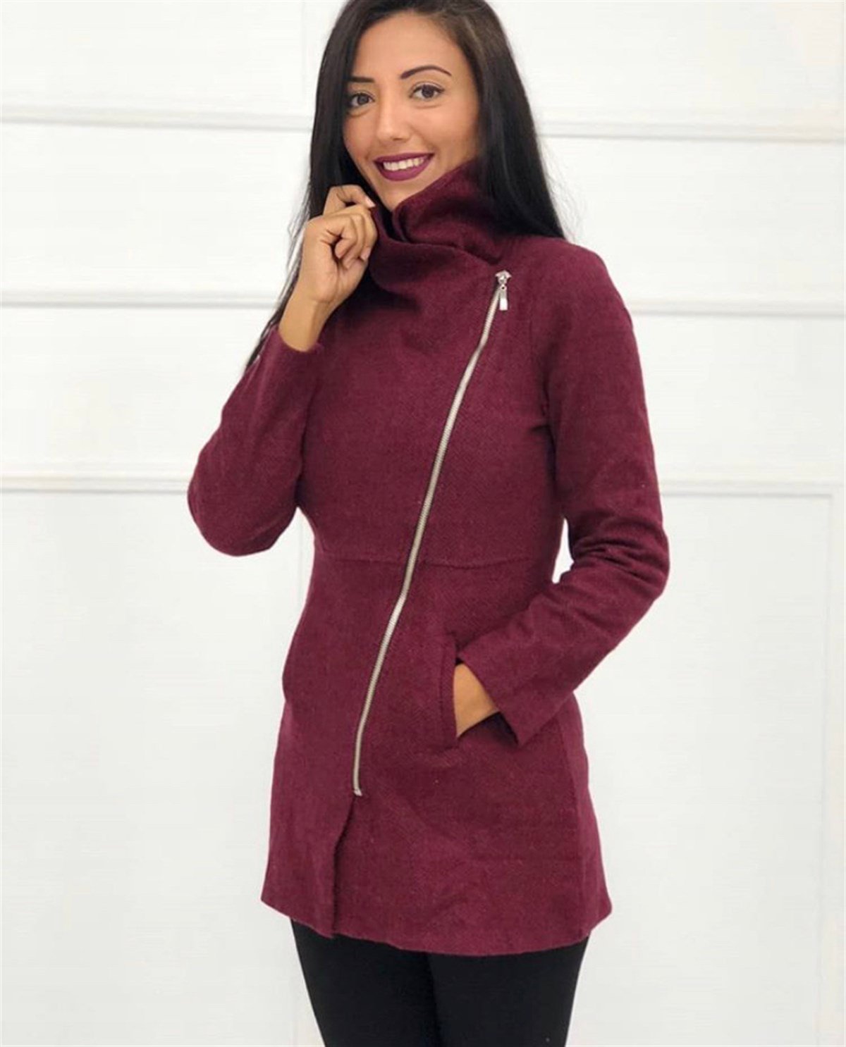 Balıksırtı Desenli Ceket - BORDO