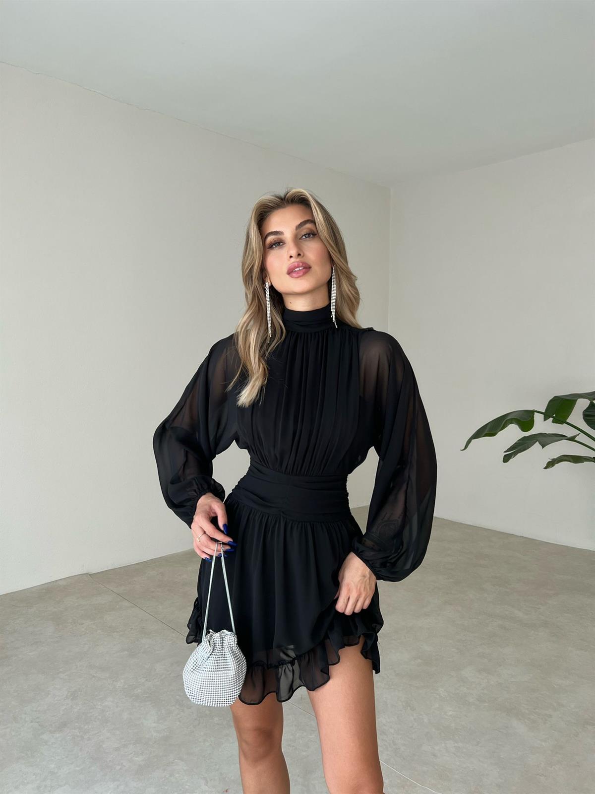 Boğazlı Etek Ucu Fırfırlı Uzun Tül Kol Şifon Kadın Elbise - SİYAH