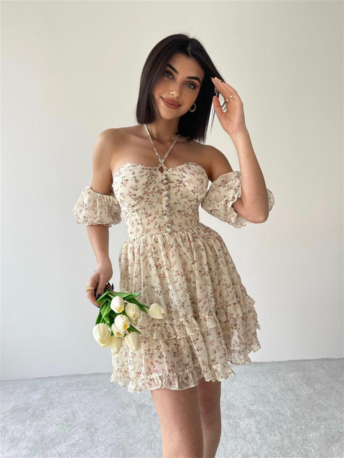 Boyun Bağlamalı Düğme Kol Detay Elbise