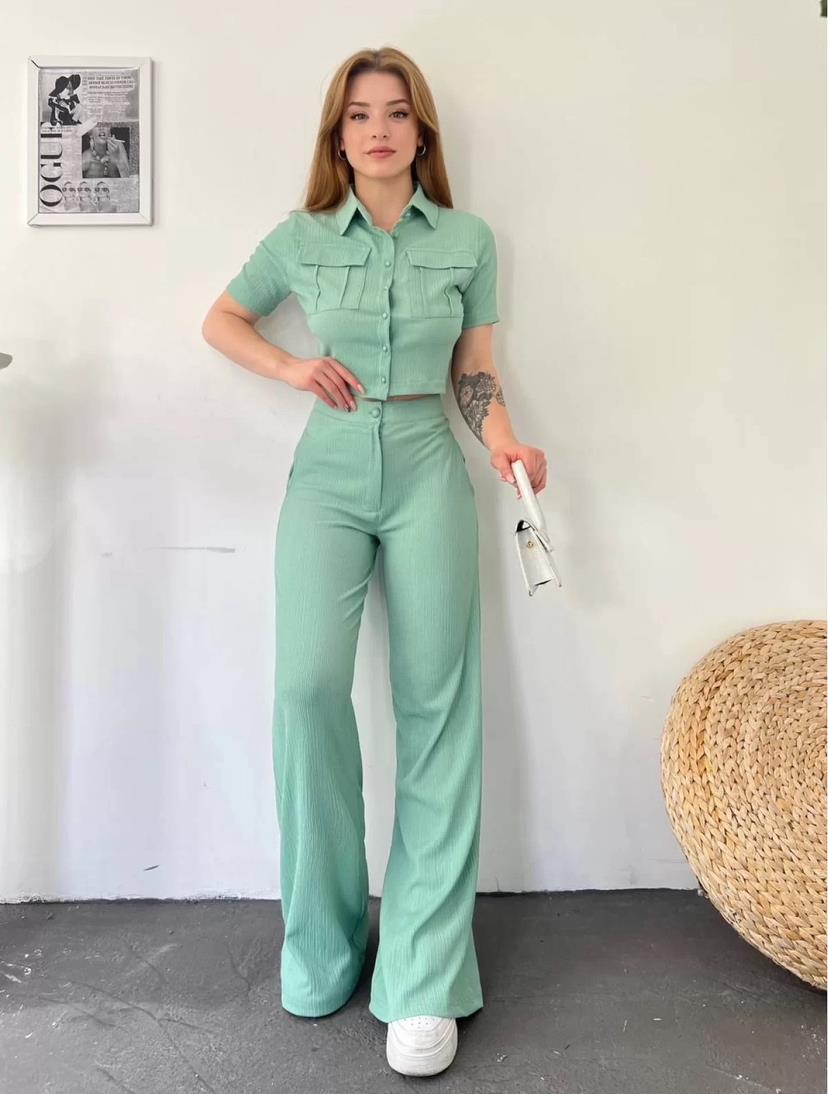 Bürümcük Kumaş Gömlek Pantolon İkili Takım - MİNT YEŞİLİ