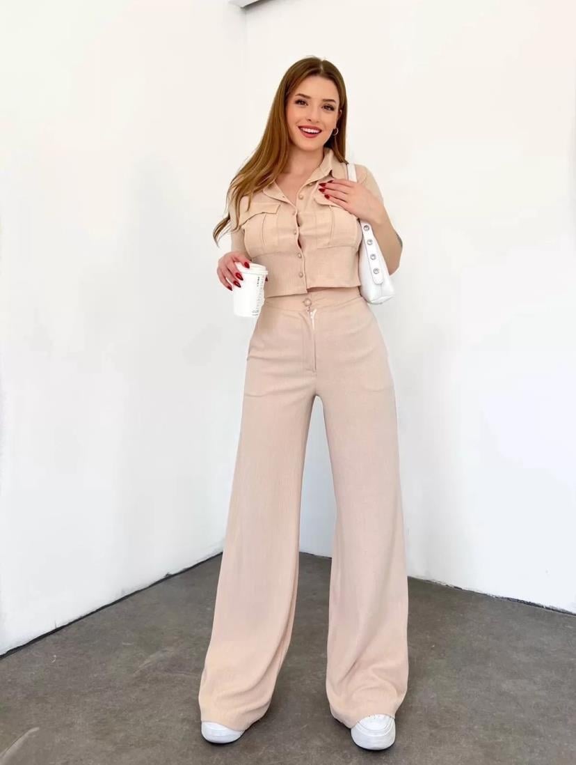 Bürümcük Kumaş Gömlek Pantolon İkili Takım - KREM RENK