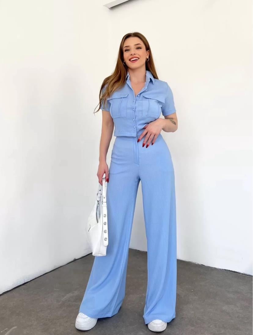 Bürümcük Kumaş Gömlek Pantolon İkili Takım - BEBE MAVİ