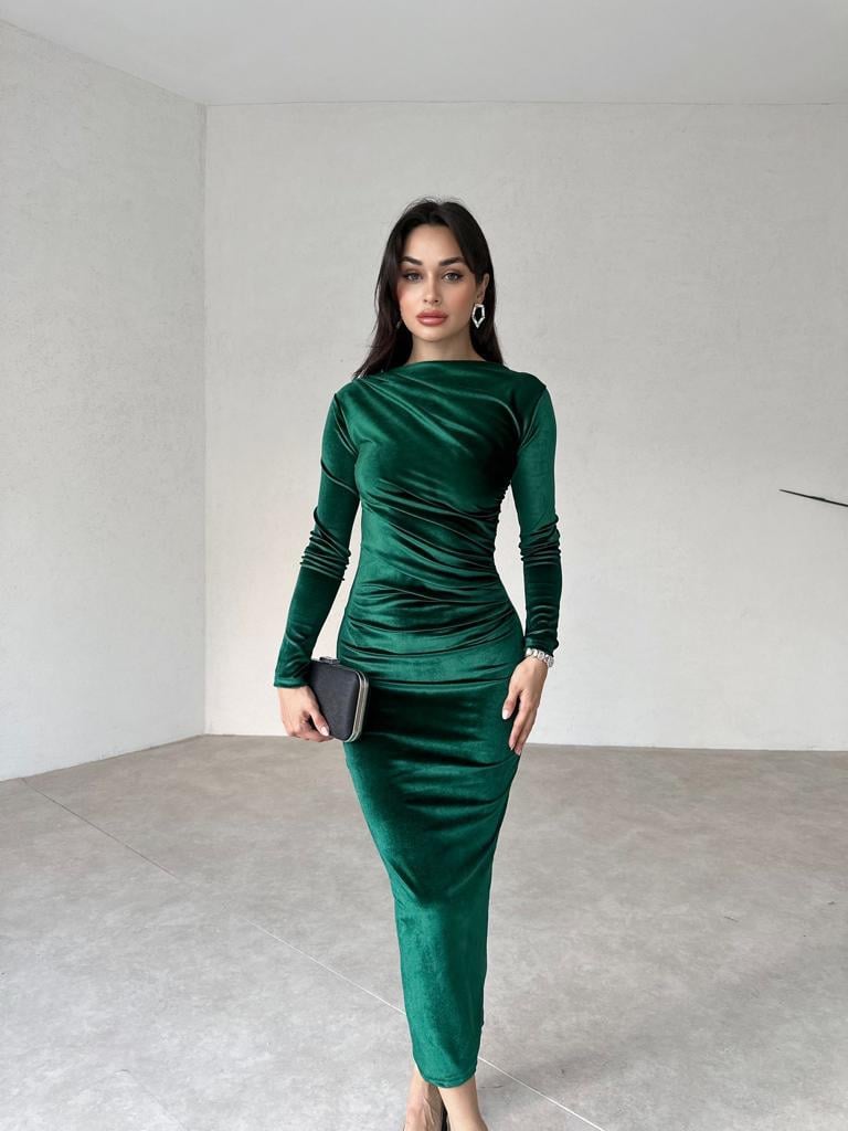 Büzgü Detaylı Uzun Kol Kadife Midi Kadın Elbise - ZÜMRÜT YEŞİLİ