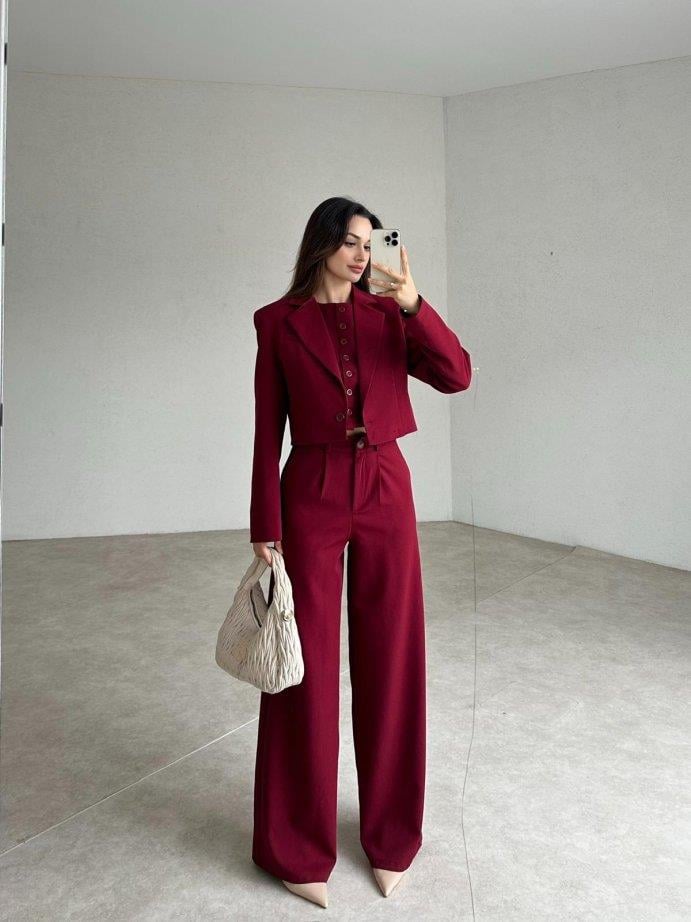 Ceket Yelek Pantolon 3'lü Takım - BORDO · 3