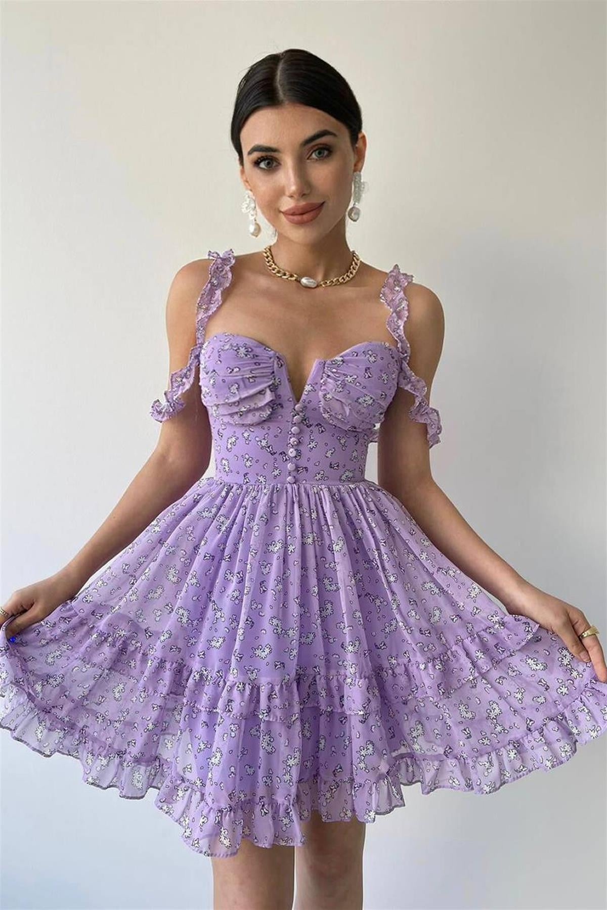 Çiçek Desenli Fıfırlı Askı Detaylı Kiloş Elbise - LİLA