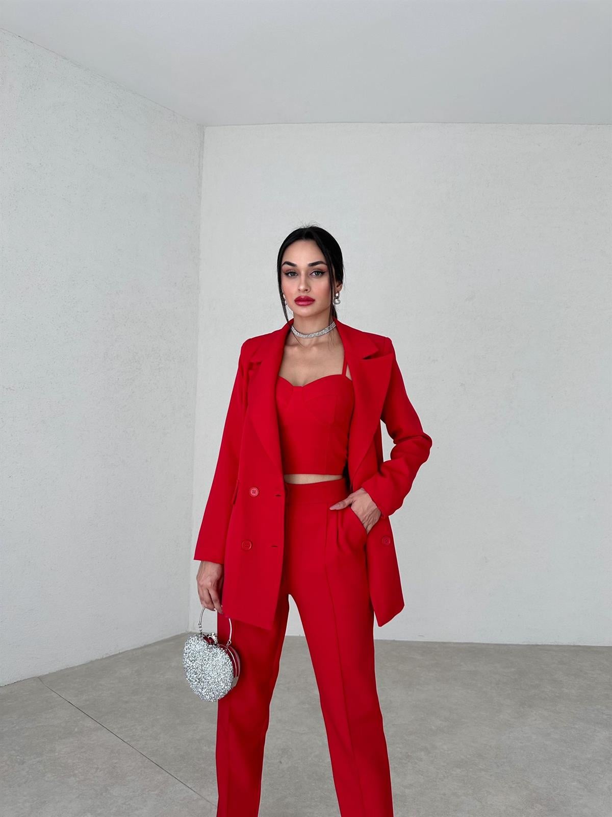 Crop Ceket Pantolon 3 lü Takım - KIRMIZI · 3