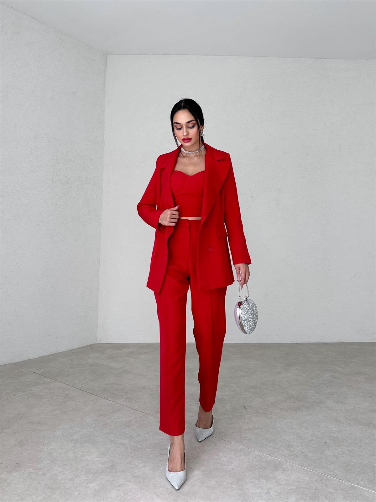 Crop Ceket Pantolon 3 lü Takım - KIRMIZI · 2