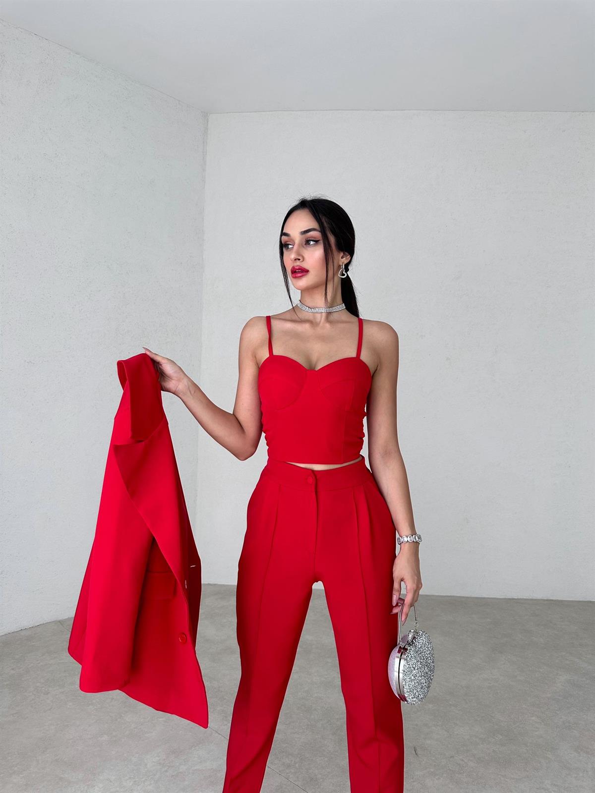 Crop Ceket Pantolon 3 lü Takım - KIRMIZI · 4